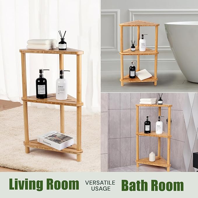 Bamboo Corner Shower Caddy Stand 3-Tier Waterproof,Free Standing Bathroom Corner Shelf Shower Stool Organizer for Inside Shower,Space-Saving Storage Shower Shelves with Anti-Slip Feet