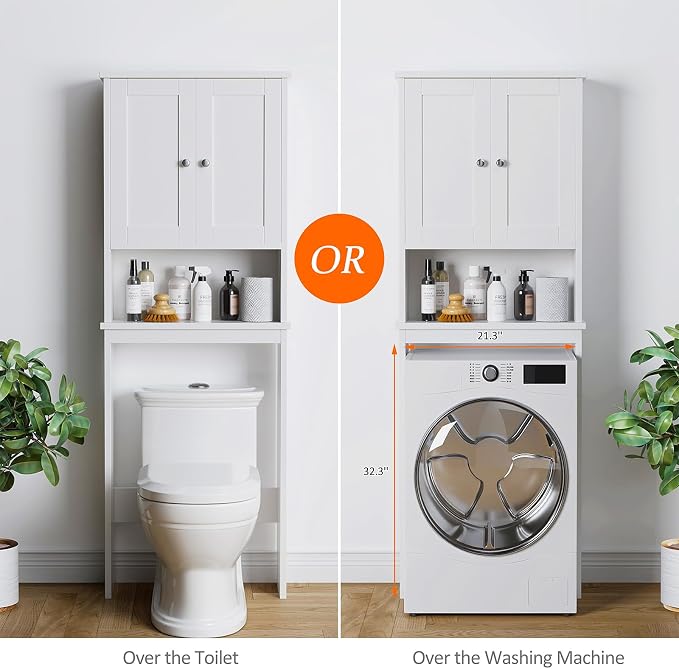 Over the Toilet Storage Cabinet, Bathroom Storage Organizer Over Toilet, Space Saver W/Adjustable Shelf & Open Shelf, White