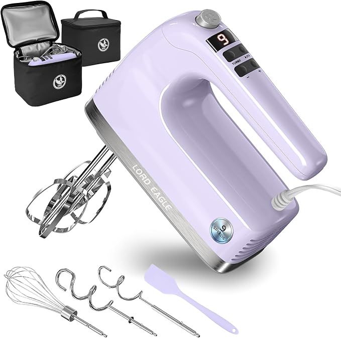 Lord Eagle 9-Speed Digital Hand Mixer Electric Handheld, 500W DC Motor Kitchen Mixer for Cake Baking, Lightweight Egg Beaters with Stain-resistant & Waterproof Storage Bag & 6 Accessories, Purple
