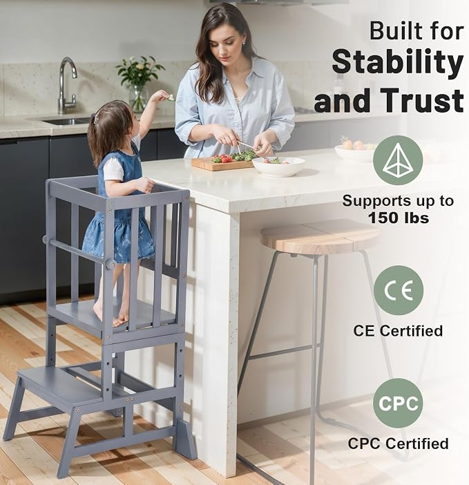 COSYLAND Toddler Standing Tower - Adjustable Height Toddler Kitchen Stool Helper - Kids Kitchen Step Stool for Learning with Removable Safety Railing Ash Gray