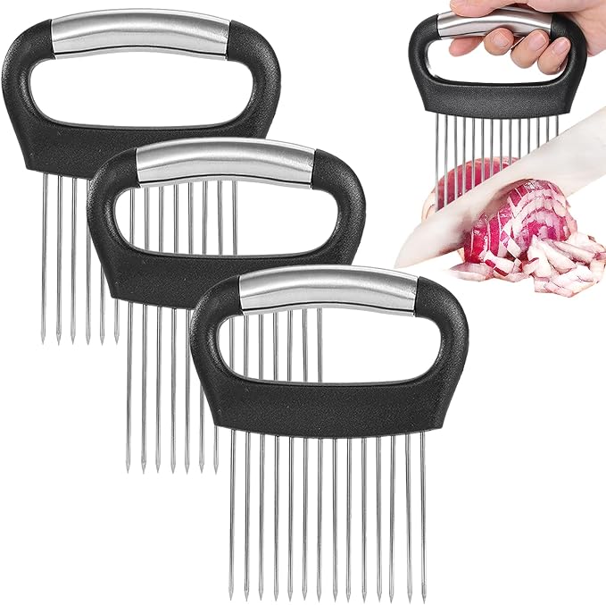 JAYVAR Large Onion Holder for Slicing, 3Pieces Large Tomato Slicer,304 Stainless Steel Onion Chopper Vegetable Cutter for Potato Lemon, Meat Tenderizer Tool, Kitchen Food Slicer Guide for Neat Slicing