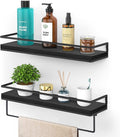 Meangood Floating Shelves Wall Mounted Set of 2, Wall Shelf with Towel Bar Rustic Wood Wall Storage Shelves for Bedroom,Living Room,Bathroom, Kitchen Black