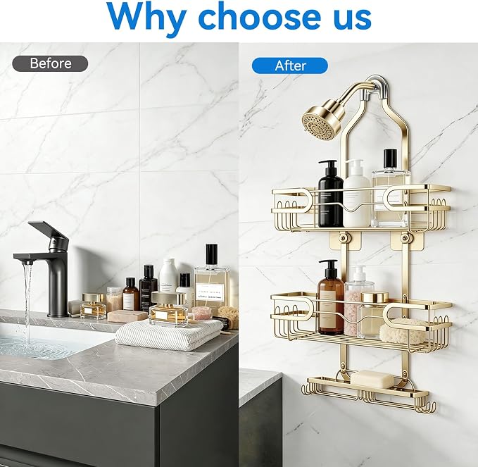Shower Caddy Hanging, Over Head Shower Caddy Shower Storage Rack Basket with Hooks for Razor and Sponge Rustproof, No Drilling, Accessories for Bathroom and Kitchen, Gold