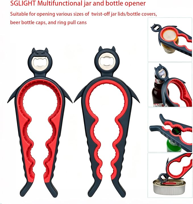 Jar Opener Bottle Opener for Arthritis, 5-in-1 Multifunctional Jar Opener, Easy Grip for Seniors and Weak Hands, Devil Shape Kitchen Gadget for Jar, Beer and Bottle (Black and Red)