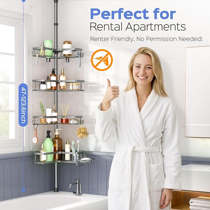 HAMITOR Shower Caddy Tension Pole: 4-Tier Corner Bathroom Organizer Shelf with Soap Holder & Hooks - No-Drill Adjustable Standing Storage Rack for Apartment Renters - 47-123 Inch Silver Gray
