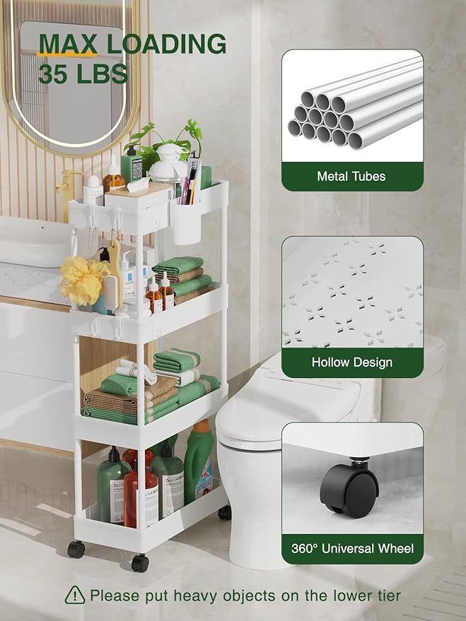 LEHOM Slim Rolling Storage Cart - 4 Tiers Bathroom Organizer Utility Cart Slide Out Storage Shelves Mobile Shelving Unit for Kitchen, Bedroom, Office, Laundry Room, Small Narrow Spaces (7.1" W+White)