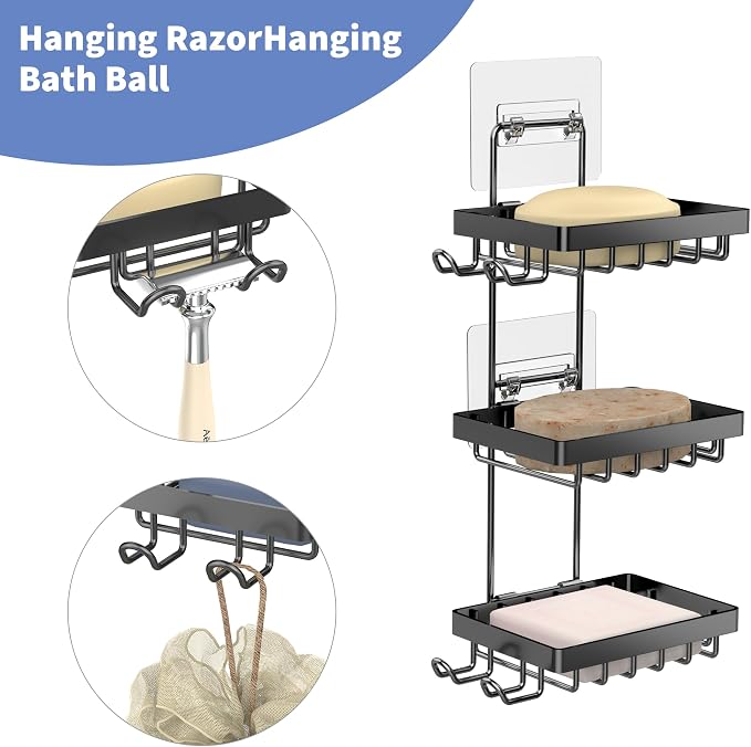Moforoco 3-Tier Black Soap Bar Holder for Shower, No Drilling, 304 Stainless Steel, Wall Mounted Soap Holder with 4 Hooks and Razor Holder, Shower Rack Soap Tray Bar Soap for Bathroom Accessories