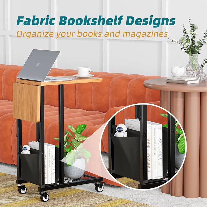 Simple Trending C Shaped End Table, Folding TV Tray Couch Side Table for Sofa on Wheels, Black