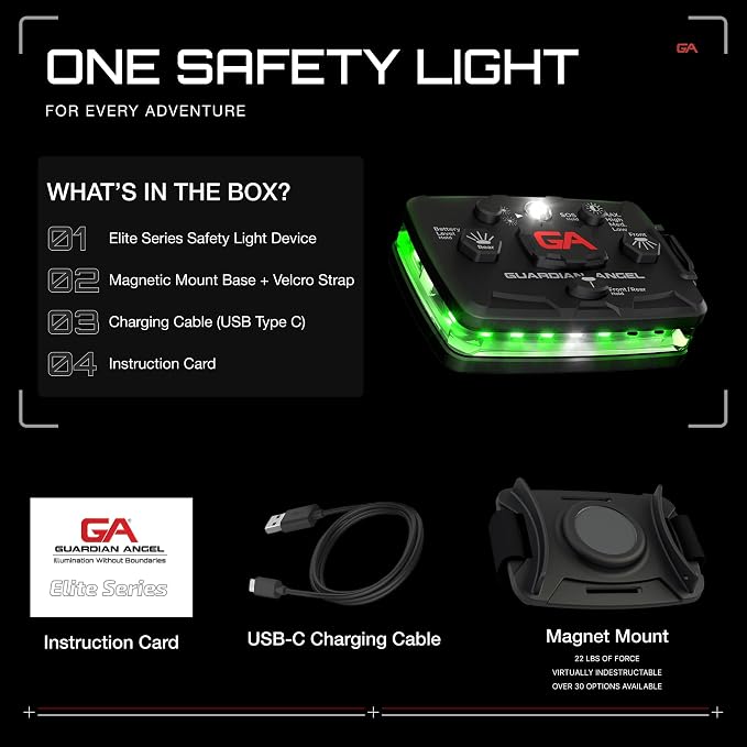 Guardian Angel Elite Series Safety Light, Beacon Device (Green Front & Green Rear) Rechargeable, Magnetic, Hands-Free Wearable, Mountable LED Light for Construction, Roadside, Towing, Industrial TEE