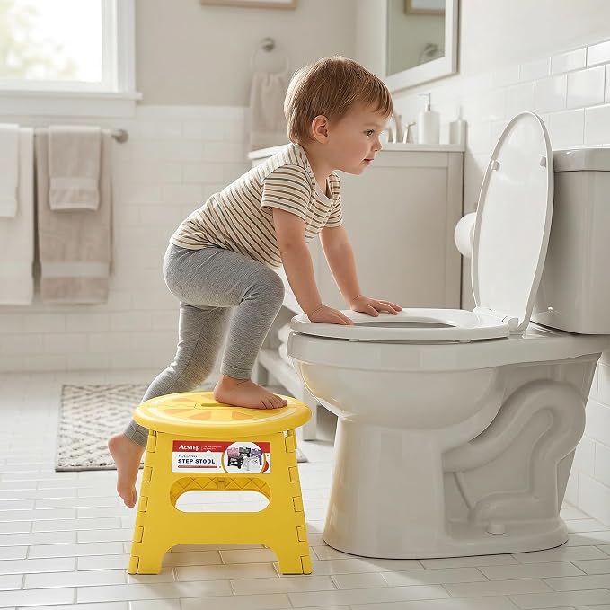 ACSTEP Folding Step Stool 9 Inch, Sturdy Collapsible Step Stool Foldable Up to 265 lb for Kids Toddlers & Adults, Non Slip Foot Stools with Handle for Kitchen, Bathroom, Bedroom, Outdoor, Lemon Yellow
