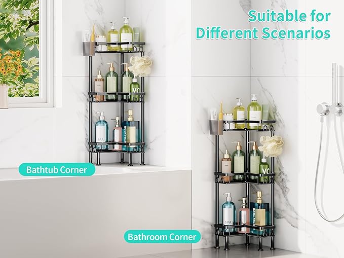 HapiRm Standing Shower Caddy Corner - 3 Tier Corner Shower Organizer with Toothbrush Holder and 12 Hooks, Large Capacity Rustproof Bathroom Shelves for Tall Bottles, Black