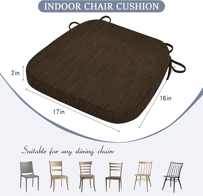 baibu Kitchen Chair Cushions Set of 4, Dual-Layer Patented Design Memory Foam Dining Chair Pads with Ties and Washable Cover, 4 Pack, 17" x 16" x 2", Dark Brown