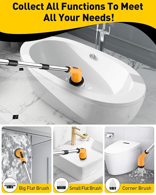Electric Spin Scrubber for Cleaning Bathroom, Shower Scrubber Cordless Cleaning Brush with IPX7 Waterproof & 2 Speed, 3 Floor Machine Pads, Bathroom Cleaning Supplies for Shower Tub Yellow