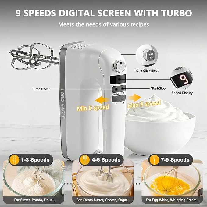 Lord Eagle 9-Speed Digital Hand Mixer Electric Handheld, 500W DC Motor Kitchen Mixer for Cake Baking, Lightweight Egg Beaters with Stain-resistant & Waterproof Storage Bag & 6 Accessories