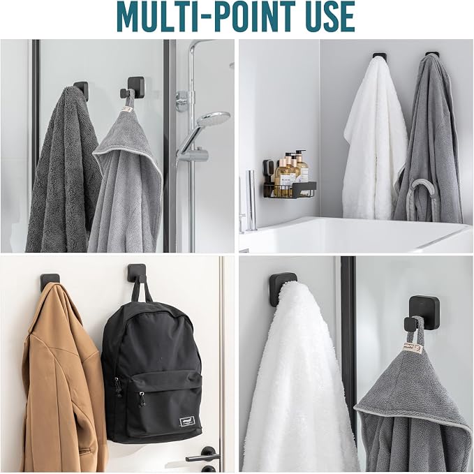 TAILI 304 Stainless Steel Bathroom Suction Hook for Towel, Loofah, Bathrobe, Patented Strong Suction Cup, Damage-Free Hanging Glass Shower Wall Hook, Hold Up to 11 Lbs, 2 Pack, Modern Square, Black