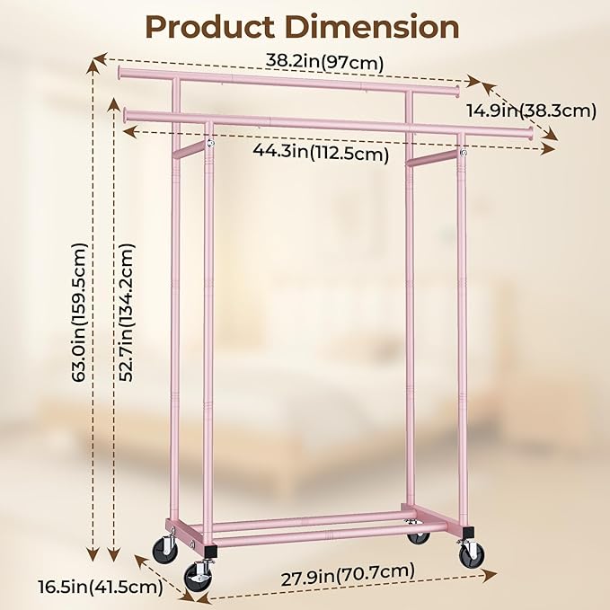 HYSEYY Double Rods Clothes Rack, Sturdy Rolling Clothing Rack, Portable Clothing Racks for Hanging Clothes - Metal Garment Rack Wardrobe Coat Rack for Bedroom Laundry Living Room, Pink
