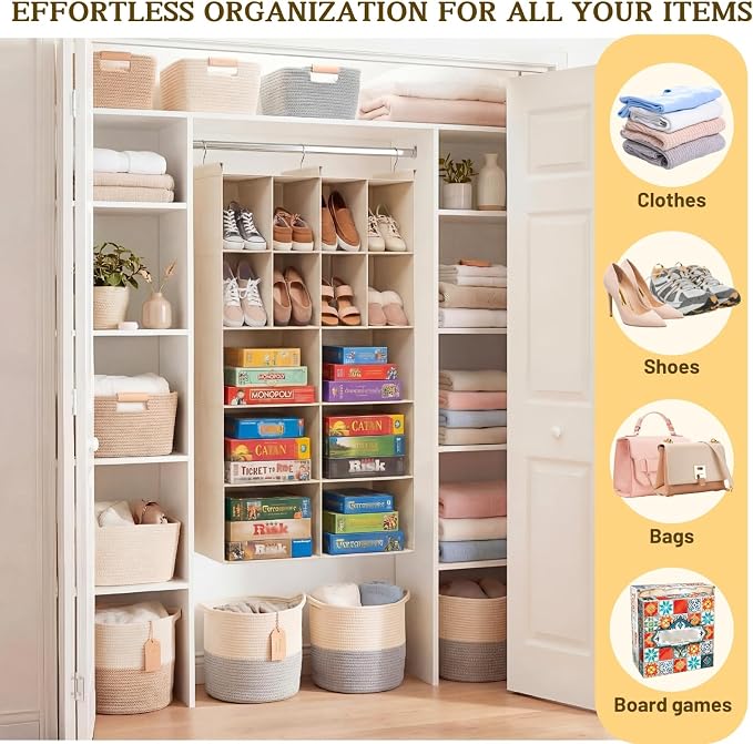 Ofiray-home 5 Tier Hanging Closet Organizer, 14 Compartments Sweater Organizer for Closet with 3 Sturdy Hooks, Closet Organizers and Storage, Wardrobe, Rv, Garment Rack, Beige