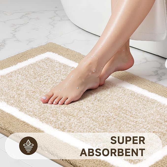 Pauwer 3 Pieces Bathroom Rugs Sets, Microfiber Shaggy Bath Mat Set, Ultra Soft Non-Slip Rug with U Shaped Toilet for Bathroom, Tub, Shower Washable Carpets Set,Beige