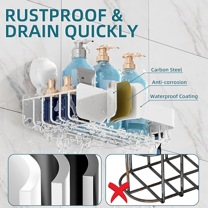 TAILI Shower Caddy Suction Cup 2 Pack With Visible Safety Indicator, Stainless Steel Rustproof Shower Shelves, No Drilling Wall Mounted Basket, Upgraded Removable Suction Cup Bathroom Organizers,White