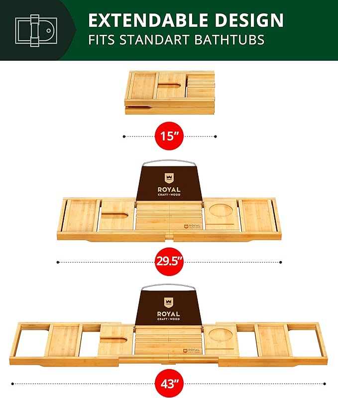 ROYAL CRAFT WOOD Premium Foldable Bathtub Tray Caddy - Wood Bath Tray for Tub, Bamboo Shelf, Expandable Bath Table Trays, Bathtub & Bathroom Accessories for New Home & Mothers, Birthday Gifts for Mom