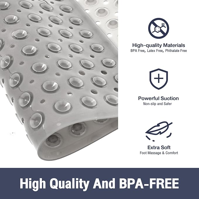 Square Shower Bathtub Mat Non Slip for Inside Shower Clear Grey 21x21 Inch, Shower Stall Mats for Bathroom Floor, Soft Bath Mat for Tub with Big Suction Cups Drain Holes, Easy Washable Dry