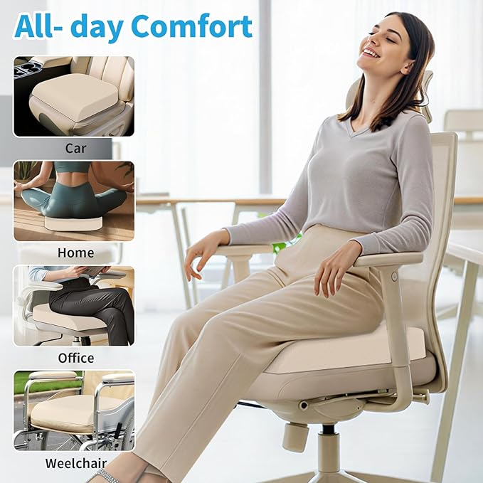 TranquilRelax XLarge Seat Cushion, Memory Foam Cushion for Long Sitting Hours on Office Chair, Home & Car, Non-Slip Chair Pad for Relieving Back & Sciatica & Hip & Coccyx Pain (Khaki)