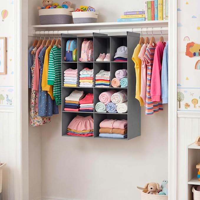 Ofiray-home 4 Tier Hanging Closet Organizer, 12 Compartments Sweater Organizer for Closet with 3 Sturdy Hooks, Closet Organizers and Storage, Wardrobe, Rv, Garment Rack, Grey