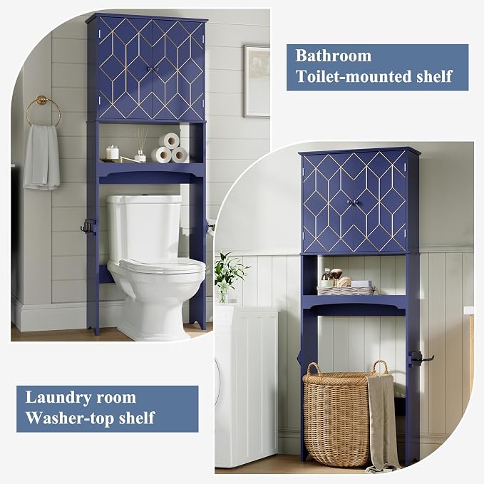 Gold Trim Over The Toilet Storage Cabinet, Double Doors Over Toilet Bathroom Organizer with Adjustable Shelves and Toilet Paper Holder, Modern Over Toilet Storage Cabinet for Bathroom (Blue)