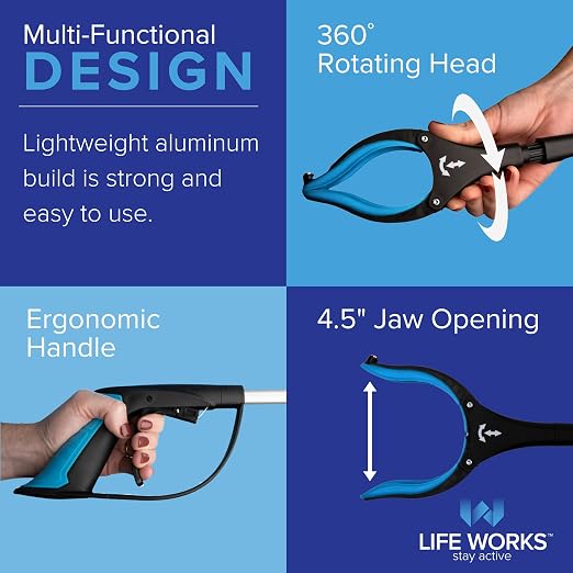 LIFE WORKS Reacher Grabber Tool, 360° Rotating Head, Lightweight 36" Foldable Arm, Ergonomic Grip, 4.5" Wide Jaw, Mobility Aid, Portable Picker Upper Tool for Seniors & Limited Mobility, 1 Pack