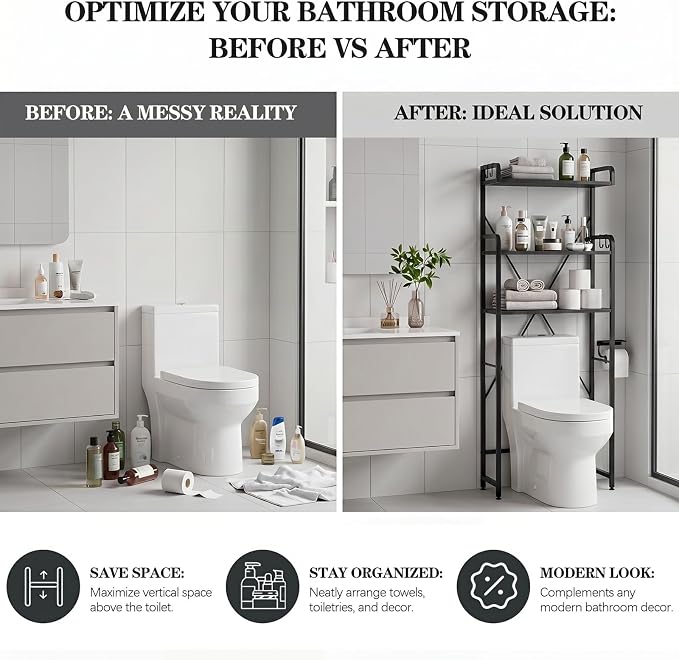 Over The Toilet Storage Cabinet, 3-Tier Bathroom Organizers and Storage with Hooks, Freestanding Shelf Toilet Rack, Small Bathroom Laundry Space Saver with Towel Rack & Toilet Paper Holder(Black)