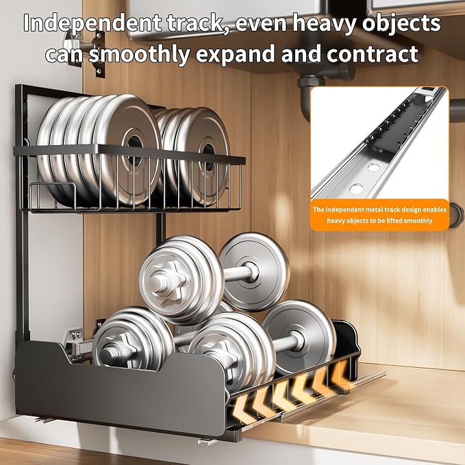 PureBox Under Sink Organizer, 2-Tier L-Shaped Pull Out Cabinet Shelf with 2 Installation Methods, Adjustable Sliding Storage Drawer for Kitchen, Bathroom, Laundry, Metal, Black