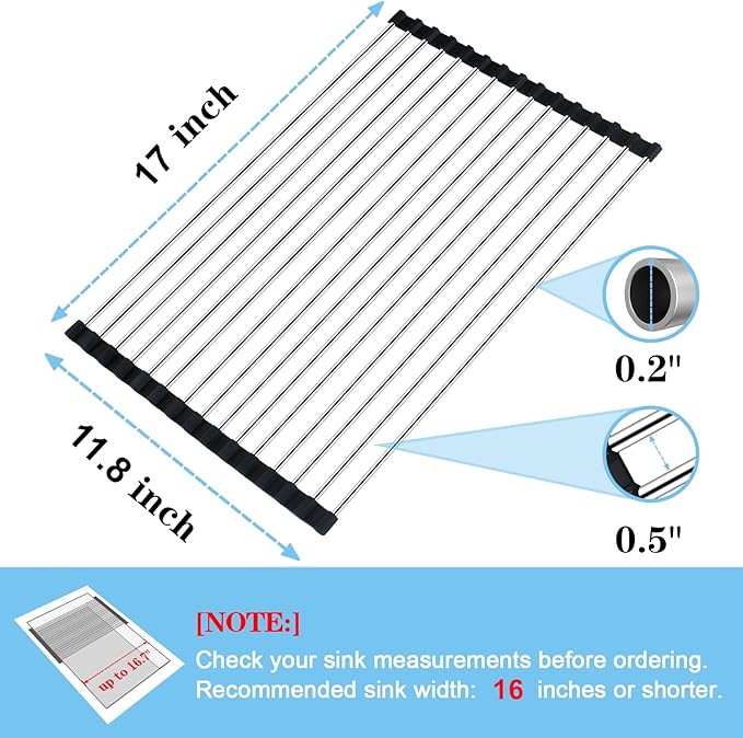 Seropy Roll Up Dish Drying Rack Over the Sink Drying Rack for Kitchen, Folding Dish Rack Over Sink Mat, Stainless Steel Dish Drainer Rack Kitchen Organizer Accessories Black 17"x11.8"