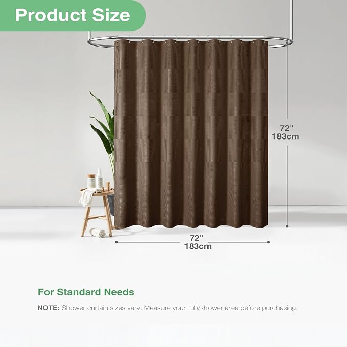 Dynamene Brown Fabric Shower Curtain - Waffle Weave Textured Heavy Duty Cloth, 256GSM Hotel Luxury Weighted Bath Curtain Set with 12 Plastic Hooks, for Bathroom, 72x72, Brown