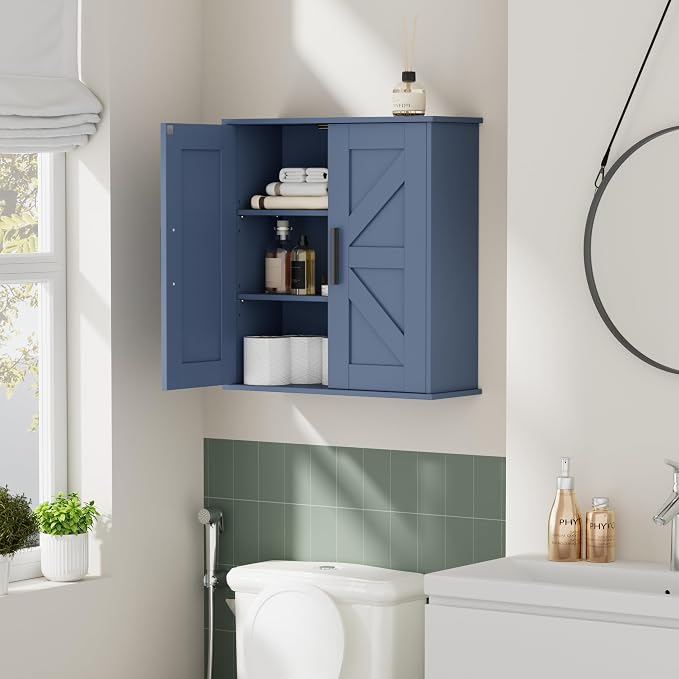 Homleke Bathroom Wall Cabinet, Over Toilet Storage Cabinet with Barn Doors and Adjustable Shelves, 3-Tier Medicine Cabinet Wall Mounted, for Bathroom, Kitchen, Entryway, Laundry Room, Blue, (7.9" D)