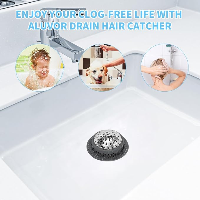 Aluvor Bathtub Drain Hair Catcher Shower Drain Cover Sink Drain Protector for Pop-Up & Regular Drains, Dark Gray