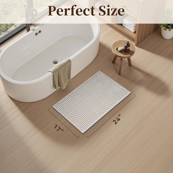 AMOAMI Unique Woven Bath Mat, Super Absorbent Non Slip Bath Mats for Bathroom Floor Textured Bathroom Mat Quick Dry Washable Boho Thin Bathroom Rugs for Beside Tub, 17" x 24", White