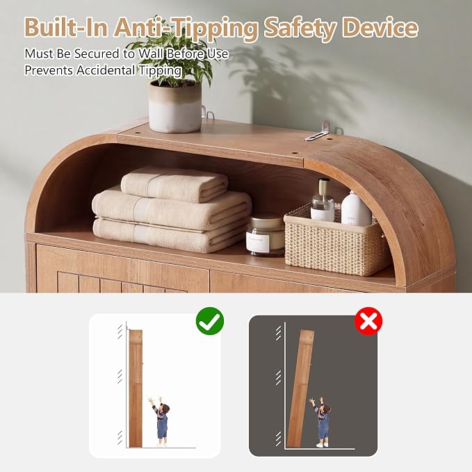 LEVNARY 31" Wide Over the Toilet Storage with Toilet Paper Holder, Arched Bathroom Organizer with Fluted Doors, 4-Tier Space Saving Freestanding Cabinet with Adjustable Shelves (Caramel)