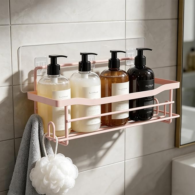 Pink Shower Caddy Shelves Organizer Rack, Single Pack Shower Shelf for Shampoo Soap Bathroom Waterproof Adhesive Holder, No Drilling Wall Mounted