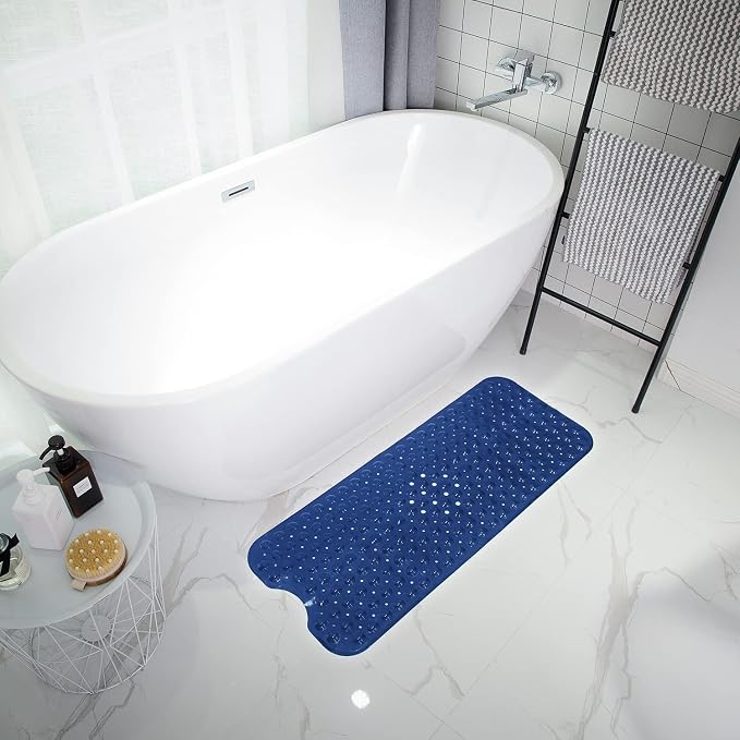 TEESHLY Bath Tub and Shower Mats, Non-Slip 39 x 16 Inch Extra Long Bathtub Mat, Machine Washable BathMat with Drain Holes, Suction Cups for Bathroom (Opaque Navy Blue)