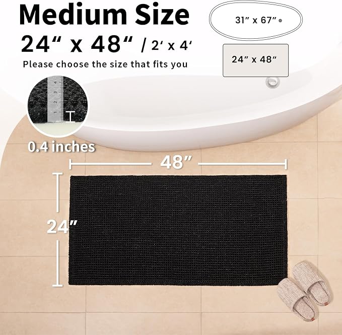 Black Bathroom Rug - Waffle Bath Mat Non Slip Washable, Super Absorbent & Quick Dry, Boho Bath Mat Farmhouse Bathroom Decor, 24'' x 48'', Black