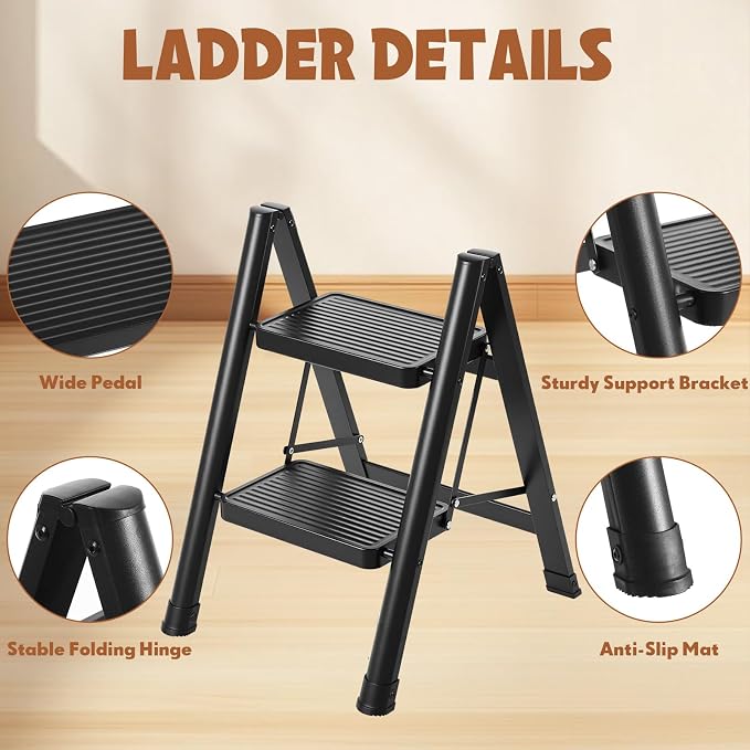 2 Step Ladder Lightweight Portable Folding Step Stool with Anti-Slip Wide Pedal 330lbs Capacity Carbon Steel Ladder for Household,Office,Library (Black)