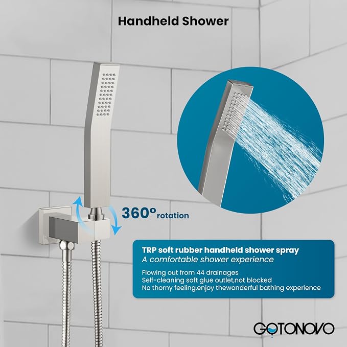 gotonovo Rainfall Bathroom Shower System Rain Shower Head and Handle Set Wall Mounted Shower Complete Combo Solid Brass Pressure Balancing Shower Mixer Valve 16 Inch Brushed Nickel
