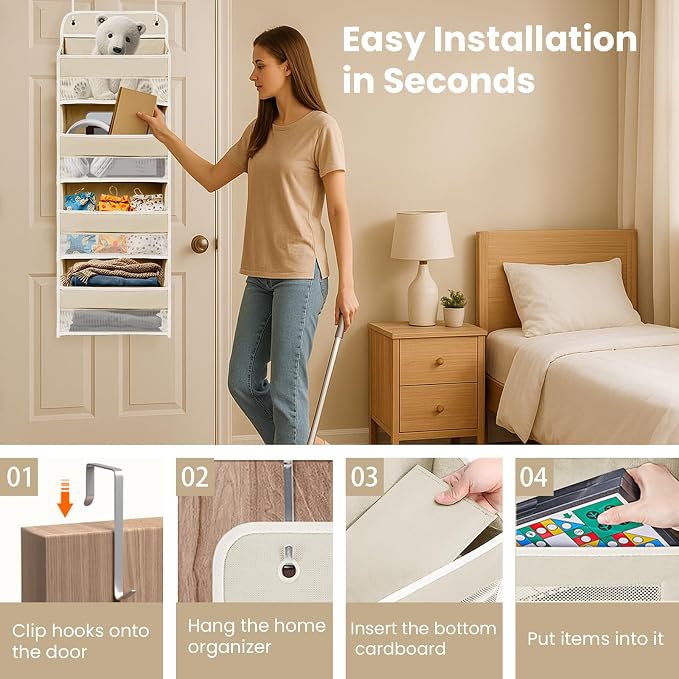 Over the Door Organizer with 4 Side Mesh Pockets, 4 Shelf Capacity Hanging Behind the Door Kitchen Organizers and Storage Suitable for Storing Toys, Shoes, Towels, Lvoy White, 4 Shelf