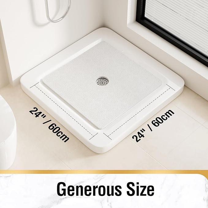 HITSLAM Square Shower Mat, 24 x 24 Inch Non Slip Bath Mat for Tub, Soft PVC Loofah Bathtub Mats with Drain Holes, Quick Drying Bathroom Stall Floor Mat, Bathroom Accessories Without Suction Cup, White