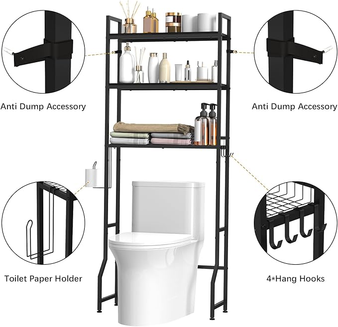 Over The Toilet Storage 3 Tier Over Toilet Bathroom Organizer Wooden Bathroom Space Saver Freestanding Above Toilet Stand with 4 Hooks Black Over The Toilet Rack for Restroom, Laundry