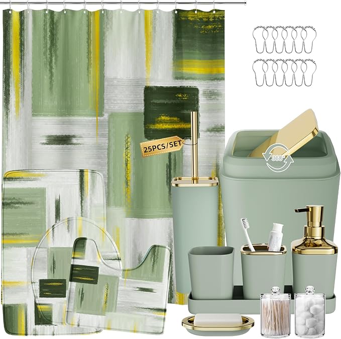 XLHOMO Bathroom Set - Sage Green Bathroom Accessories Set, Bathroom Sets with Shower Curtain and Rugs, Sage Green Shower Curtain Set with Bathroom Trash Can, Soap Dispenser, Soap Dish for Home Decor