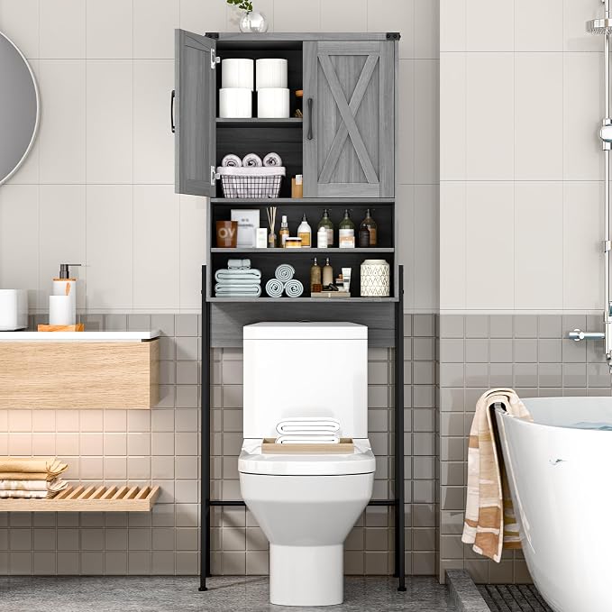 Vabches Over The Toilet Storage Cabinet, Farmhouse Over Toilet Storage Cabinet, Metal Frame with 2 Barn Doors, Home Space-Saving Toilet Rack for Bathroom, Toilet, Laundry Room.