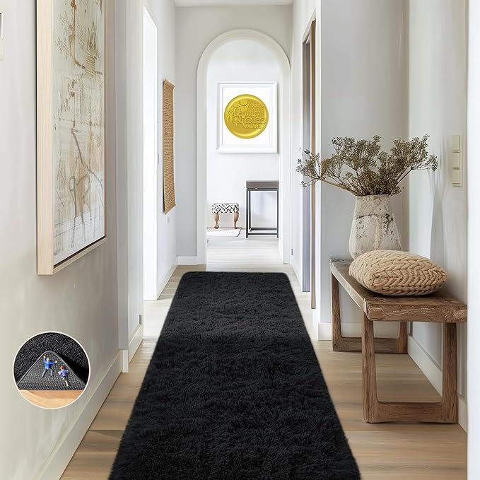 Ophanie Runner Rug for Hallway, 2x7 Washable Non-Slip Fluffy Soft Bedside Rugs, Bedroom Living Room Shaggy Carpet for Kids Girls Boys Dorm Nursery Home Decor Aesthetic, Black