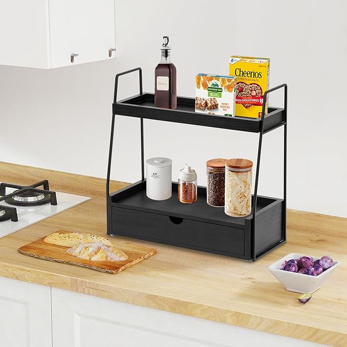 2-Tier Bathroom Organizer Countertop with Drawer, Wood Counter Organizer for Bathroom Decor, Sink Shelf for Vanity Storage, Makeup Tray for Perfume Skincare, Spice Rack Bedroom Kitchen Corner