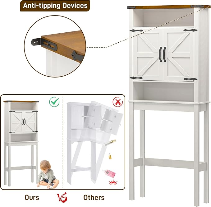 Halitaa Over The Toilet Storage Cabinet, Farmhouse Over Toilet Bathroom Organizer with 2 Barn Doors, Narrow Above Toilet Storage Cabinet, Behind Toilet Bathroom Organizer, White and Brown